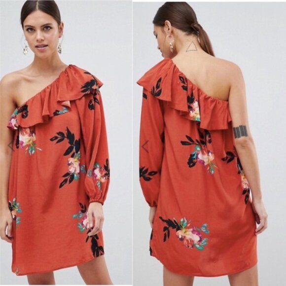 French Connection Delphine Dress One Shoulder Copper Coin Burnt Orange Sz 8 NWT - Picture 2 of 11